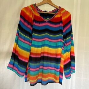 Melissa Paige colorful striped long sleeve blouse semi sheer v neck small